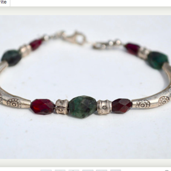 Genuine Emerald Garnet Sterling Silver Bracelet - Picture 2 of 7